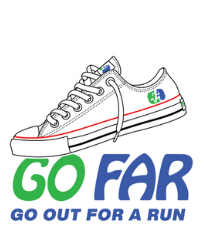 Graphic of a white sneaker with red and blue accents, featuring the text 'GO FAR' in green and blue, and the slogan 'GO OUT FOR A RUN' below.