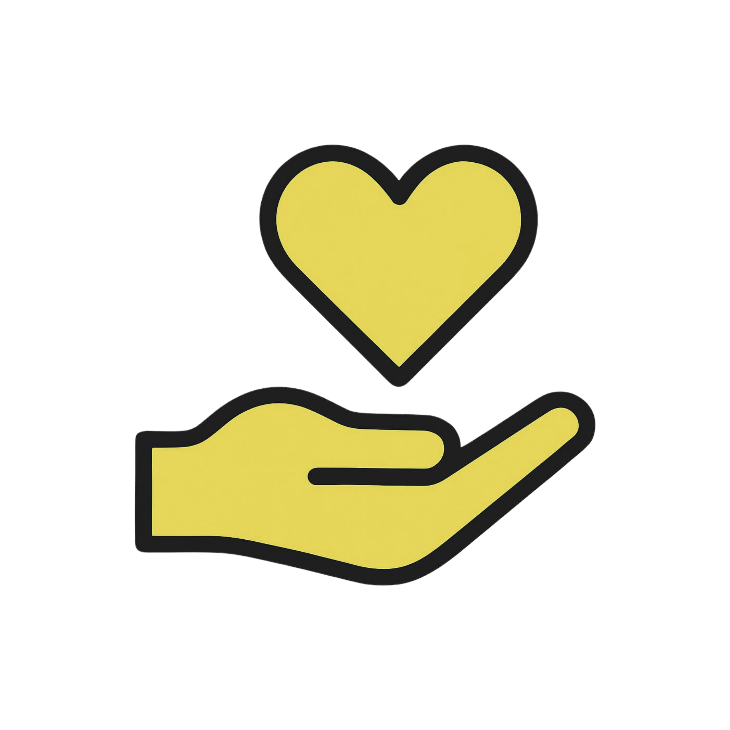 A digital illustration featuring two yellow hearts with black outlines, connected by a black flat shape resembling a hand or a platform, on a dark background.