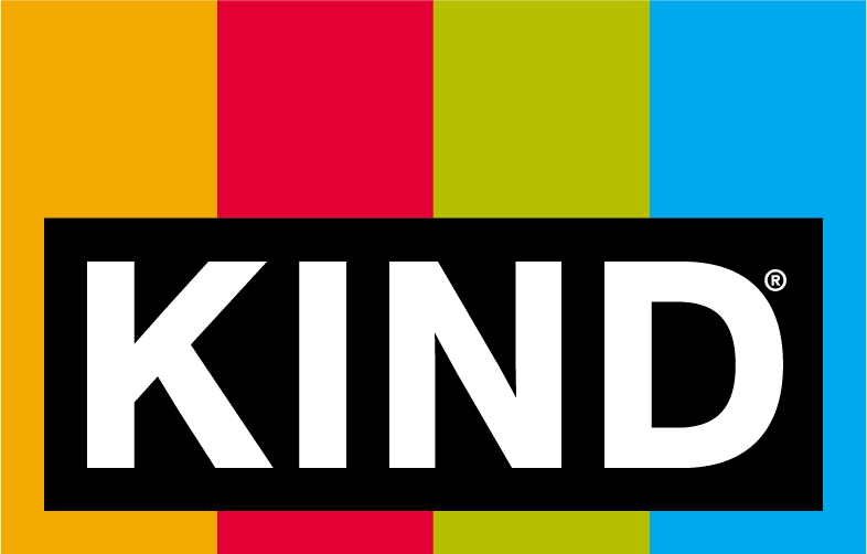 Colorful vertical stripes with black rectangle in the center containing the word 'KIND' in white uppercase letters.
