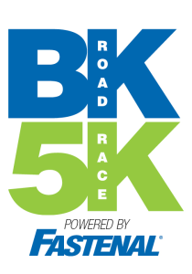 Logo for the BOK 5K Road Race powered by Fastenal, featuring large blue and green text with the words 'BOK 5K' and 'Road Race' arranged vertically.