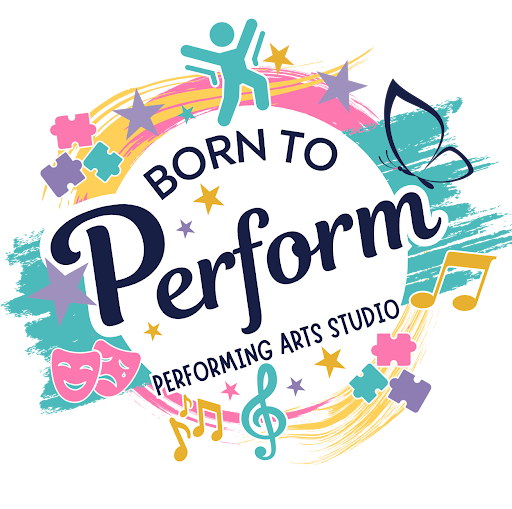 Colorful logo for 'Born to Perform,' a performing arts studio, featuring a dancer, masks, musical notes, puzzle pieces, stars, and splashy paint design.