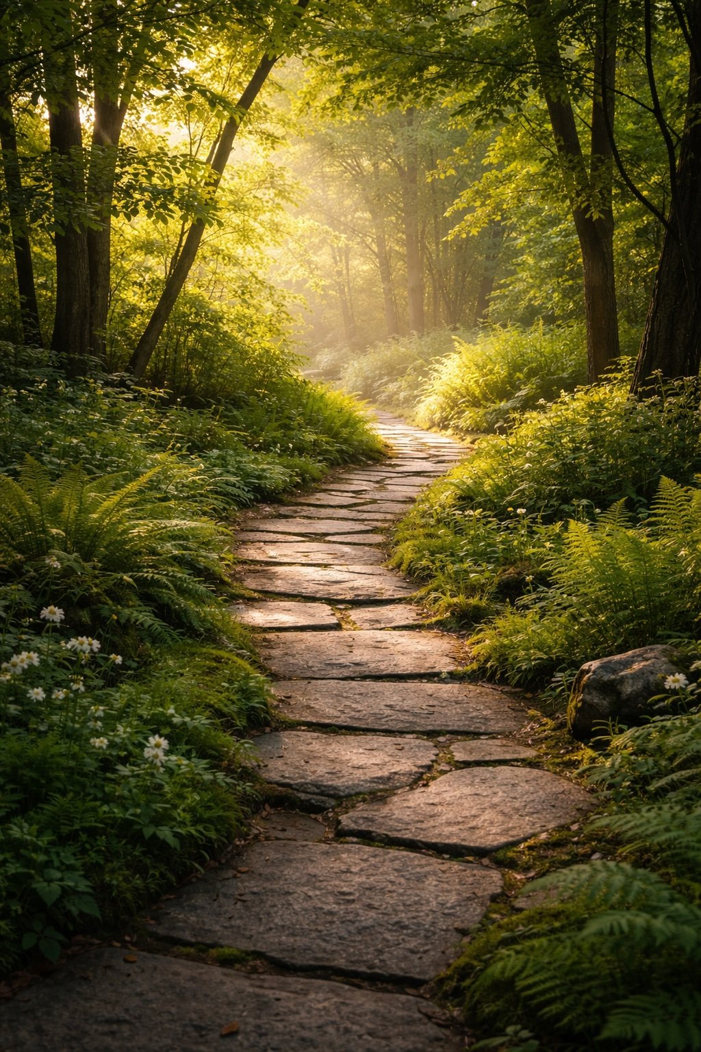 A sunlit forest path made of stone slabs winding through green trees and ferns.