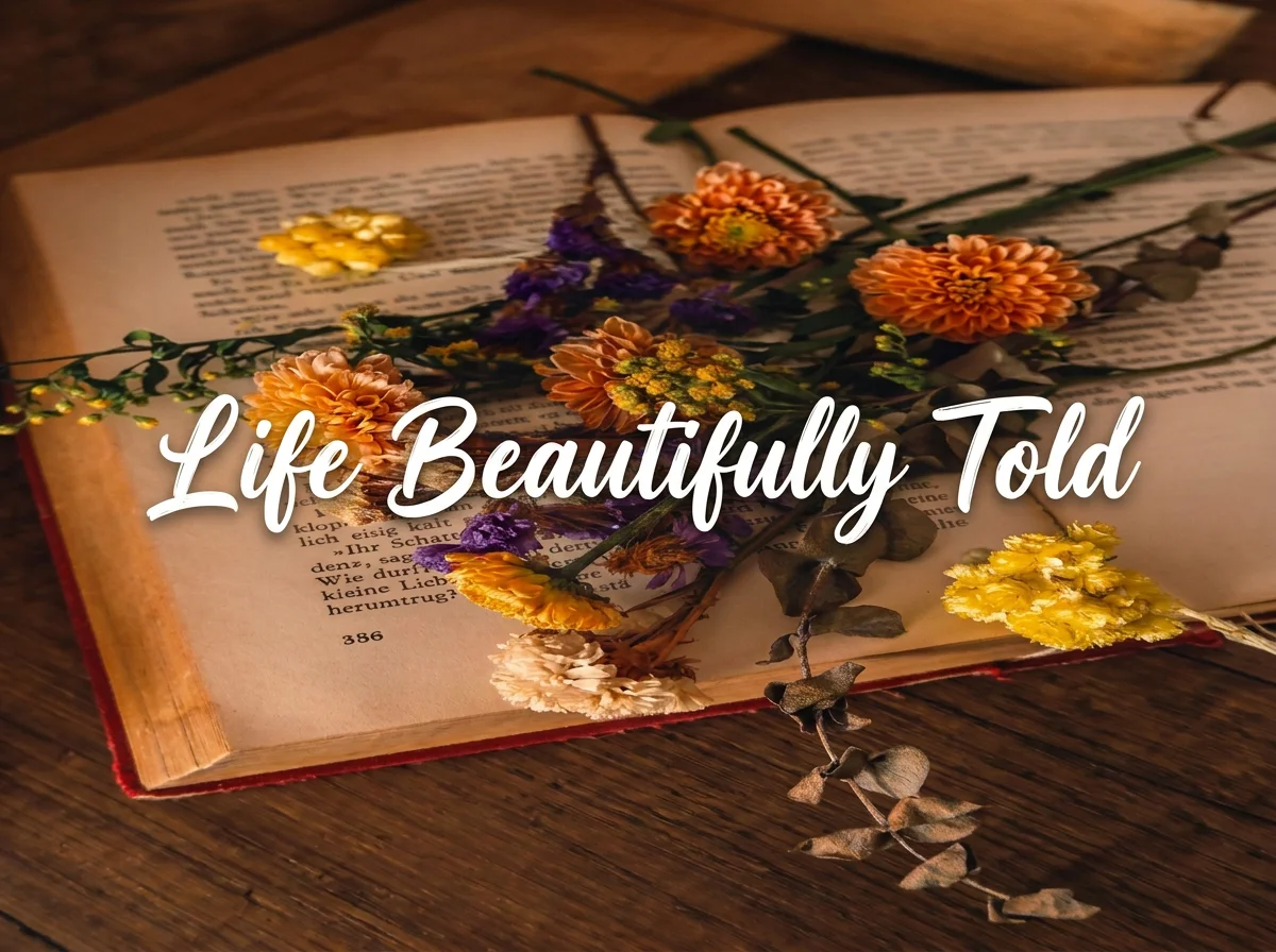 An open vintage book covered with dried flowers and overlaid with the words “Life Beautifully Told.”