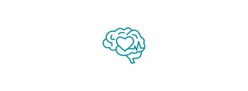 Illustration of a human brain with a heart inside it and a heartbeat line, symbolizing mental health or emotional well-being.