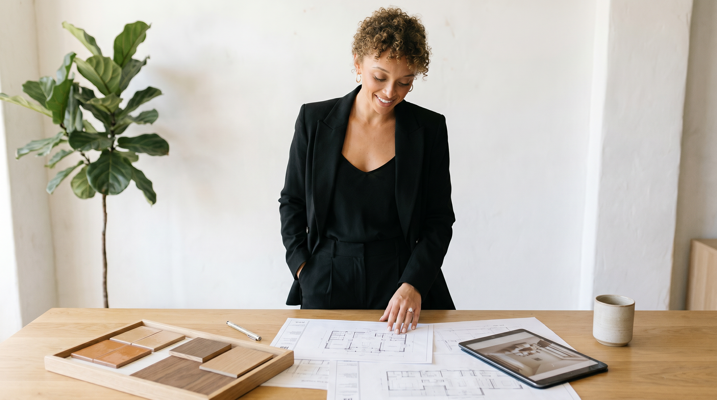 A woman in a black blazer and black top standing at a wooden table, looking down and touching papers and architectural plans, with a potted plant and ceramic mug on the table.