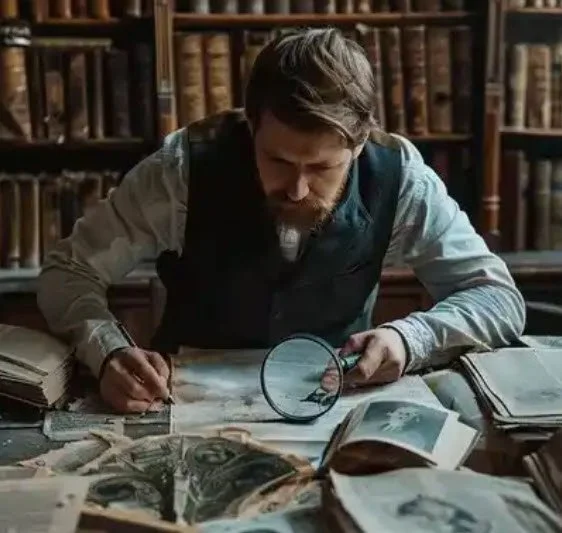 A man conducting historical research.A man in a library uses a magnifying glass to examine old photographs and documents on a cluttered table.