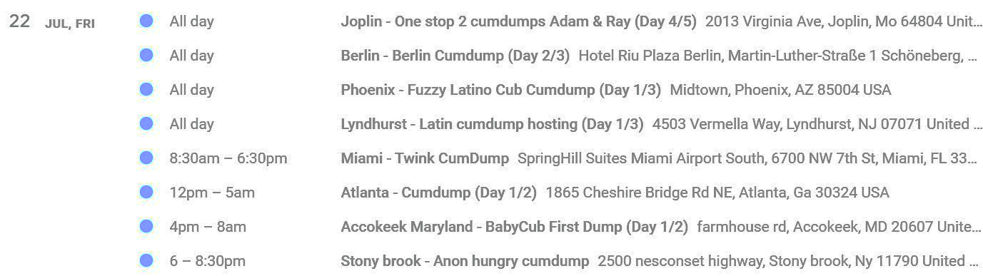 A schedule of various cumdump sessions on a calendar with specific date, time and location of guys waiting to be fucked.