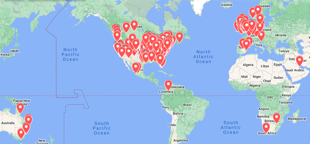Map displaying multiple locations of hosting cumdumps available for use across North America, Europe, Africa, South America, and Oceania.
