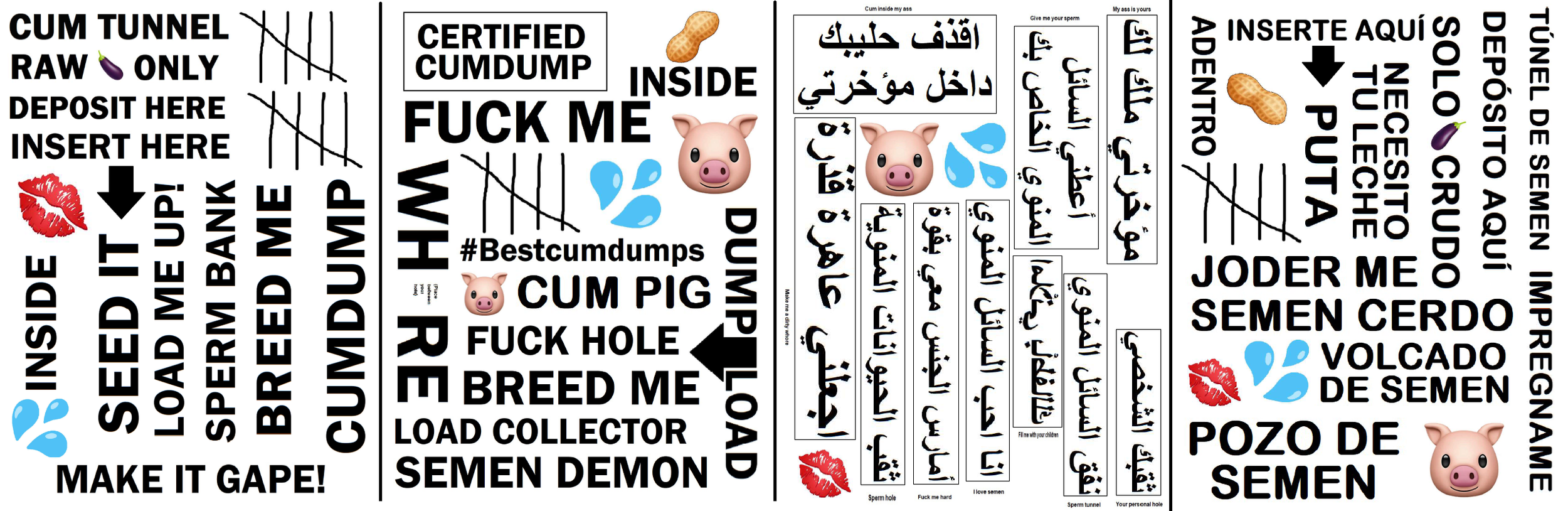 An explicit and humorous illustrated adult-themed sign featuring various phrases related to sexual acts, male and female genitals, animals, and slang, including emojis of pigs, water drops, kisses, and a peanut. The sign contains multiple sexual references, instructions, and warnings in English, Arabic, and Spanish.