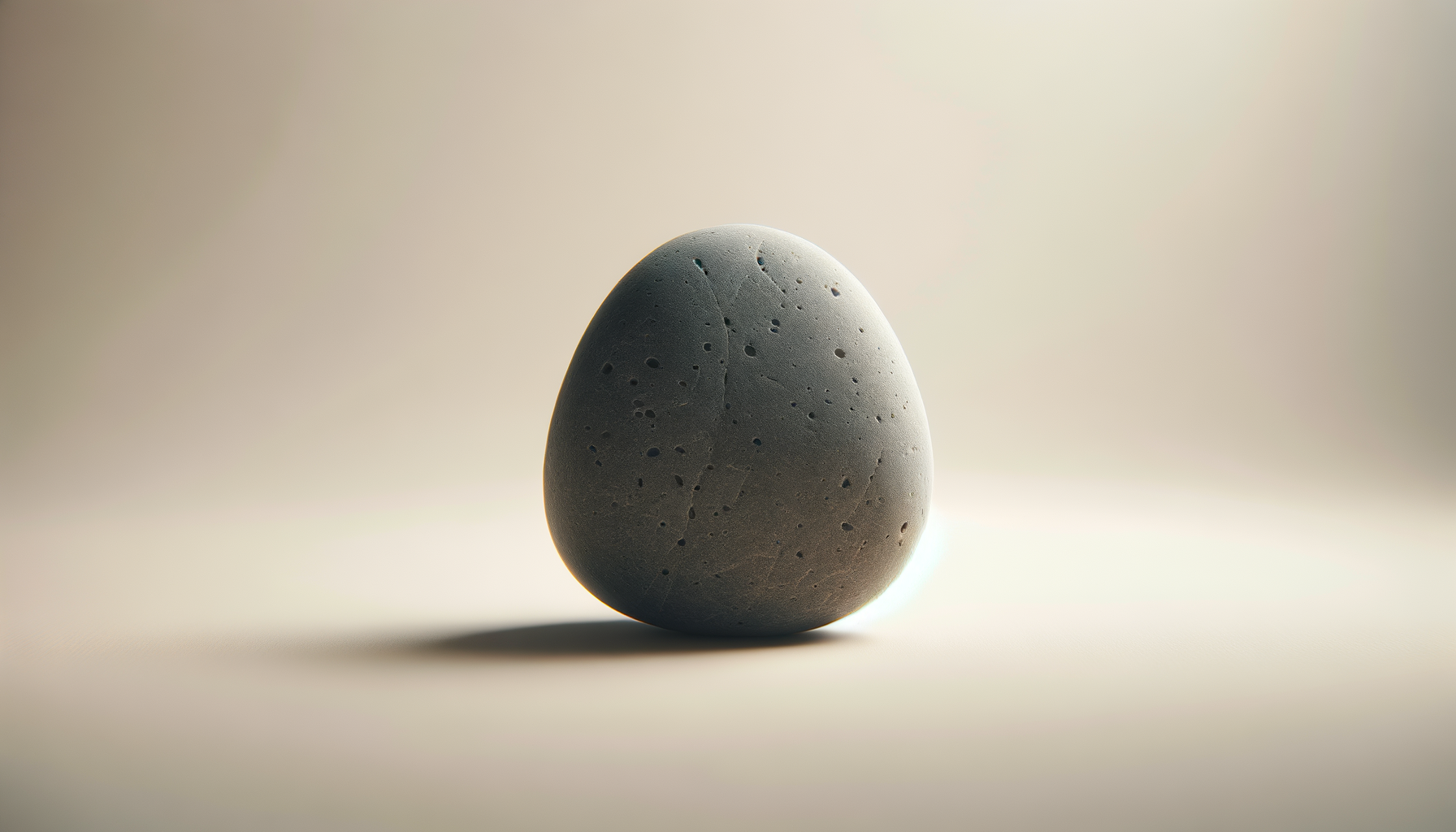 A gray egg with small holes and cracks, placed on a white surface with soft lighting.