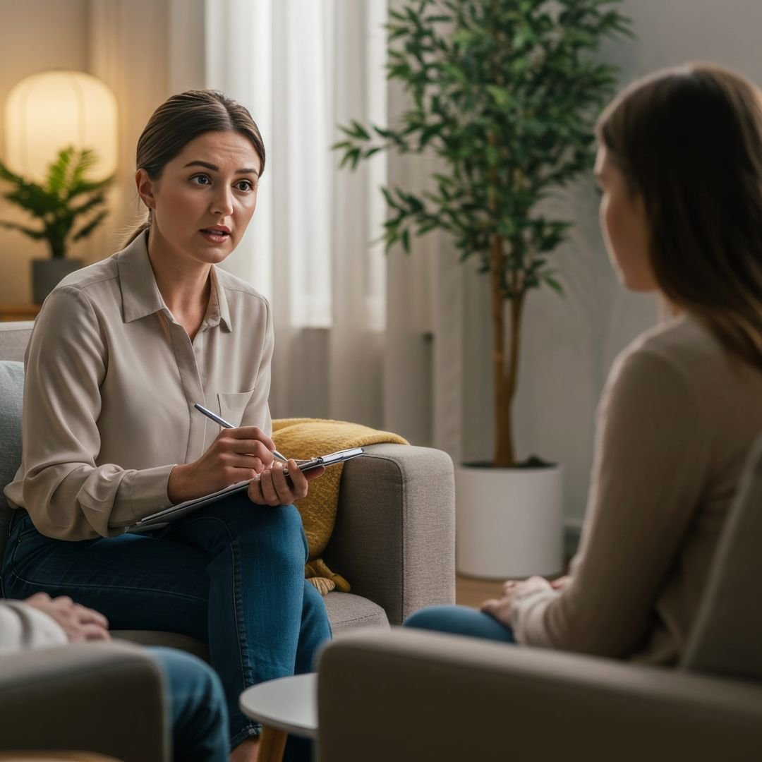 A woman in a beige blouse and blue jeans speaking to a seated woman in a therapy session or counseling session in a cozy living room with houseplants and soft lighting.