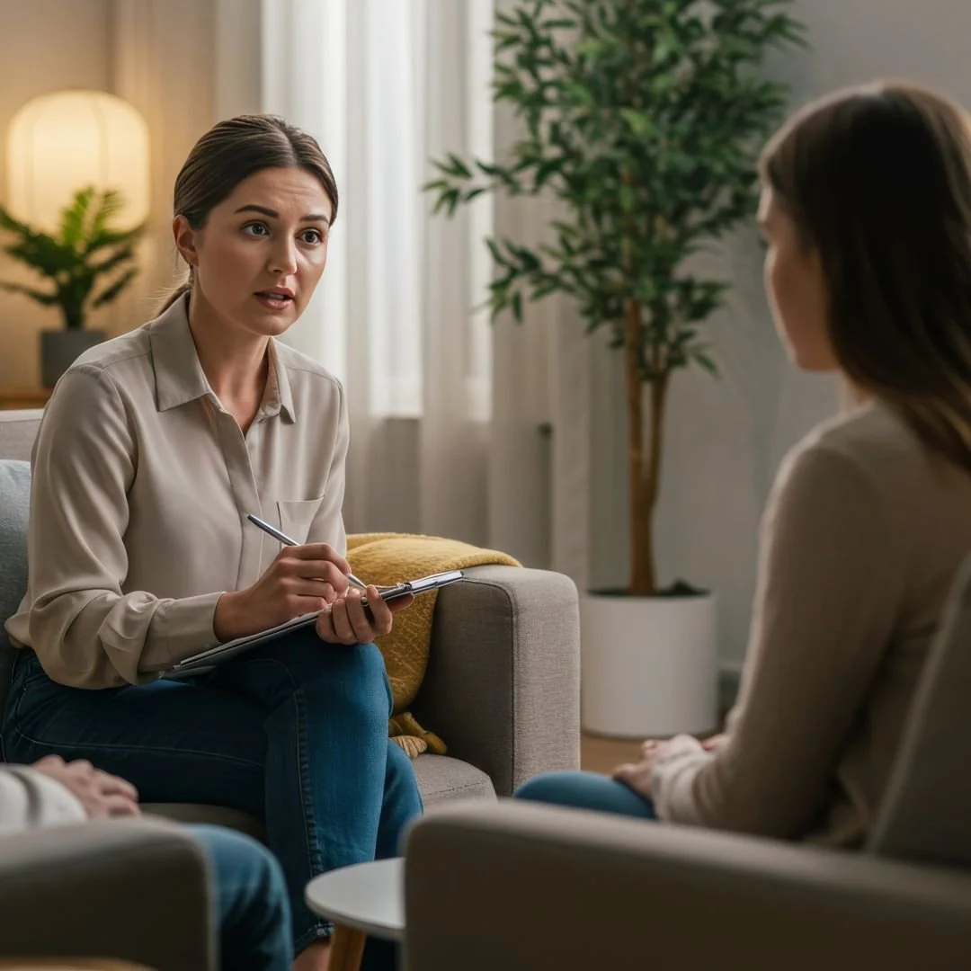 A woman in a beige blouse and jeans speaks and holds a notebook during a therapy session with another woman seated on a couch in a cozy, well-lit living room.