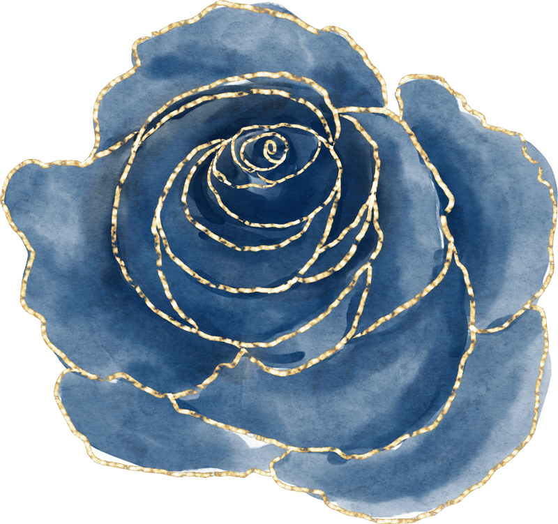 Watercolor illustration of a blue rose with gold outline.