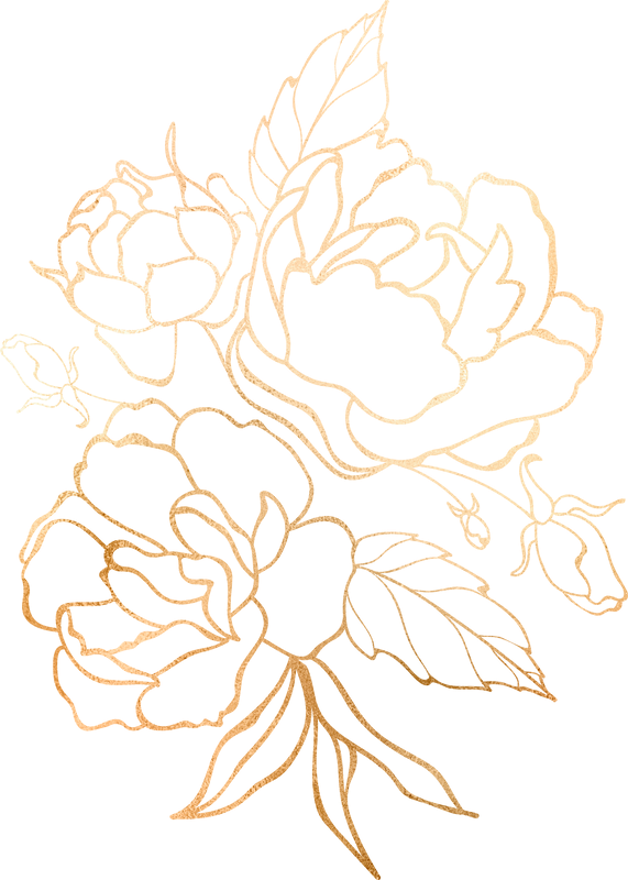 Gold floral outline design of roses with leaves on a black background.
