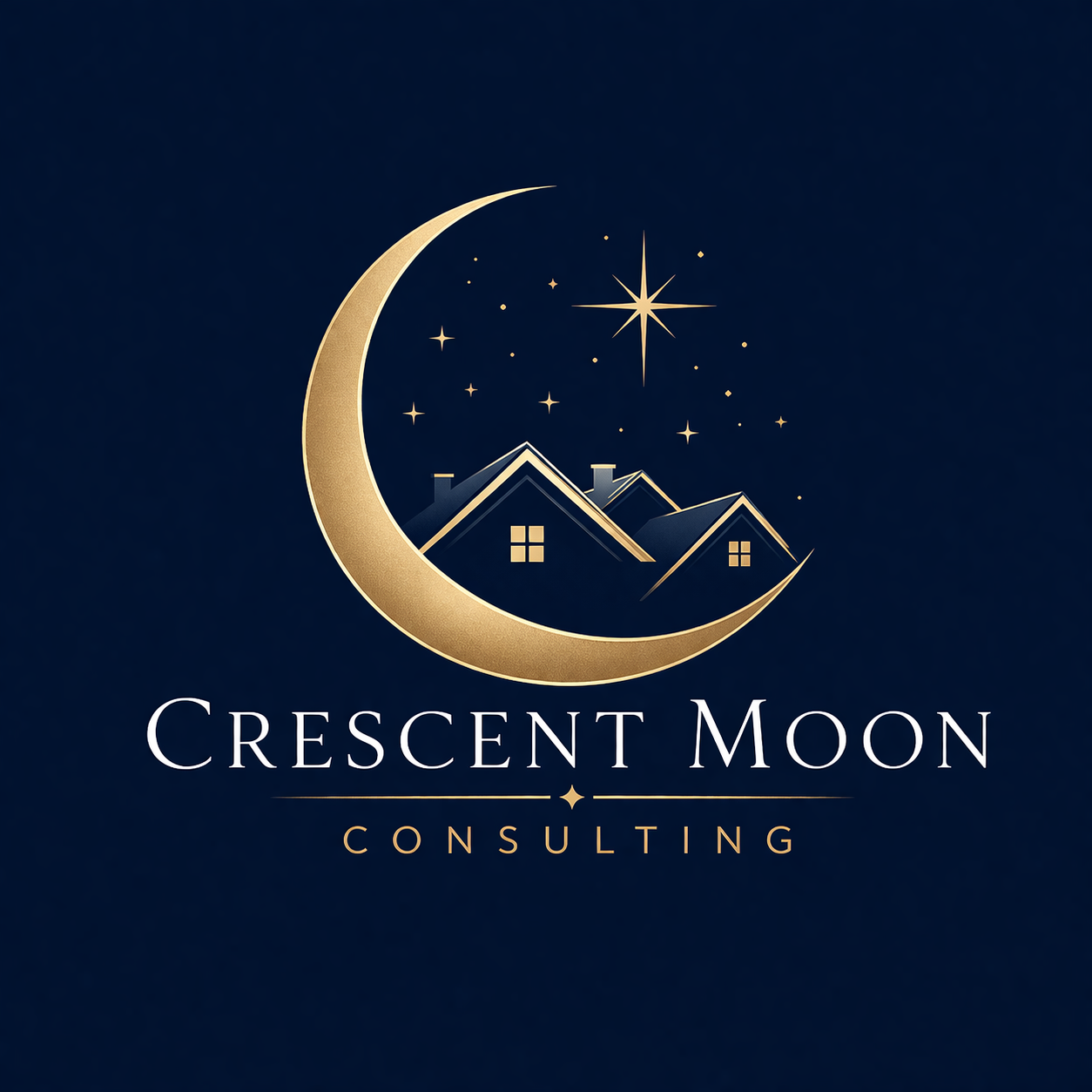 Logo for Crescent Moon Consulting featuring a gold crescent moon, stars, a night sky, and rooftops, with the company name in white and gold text.