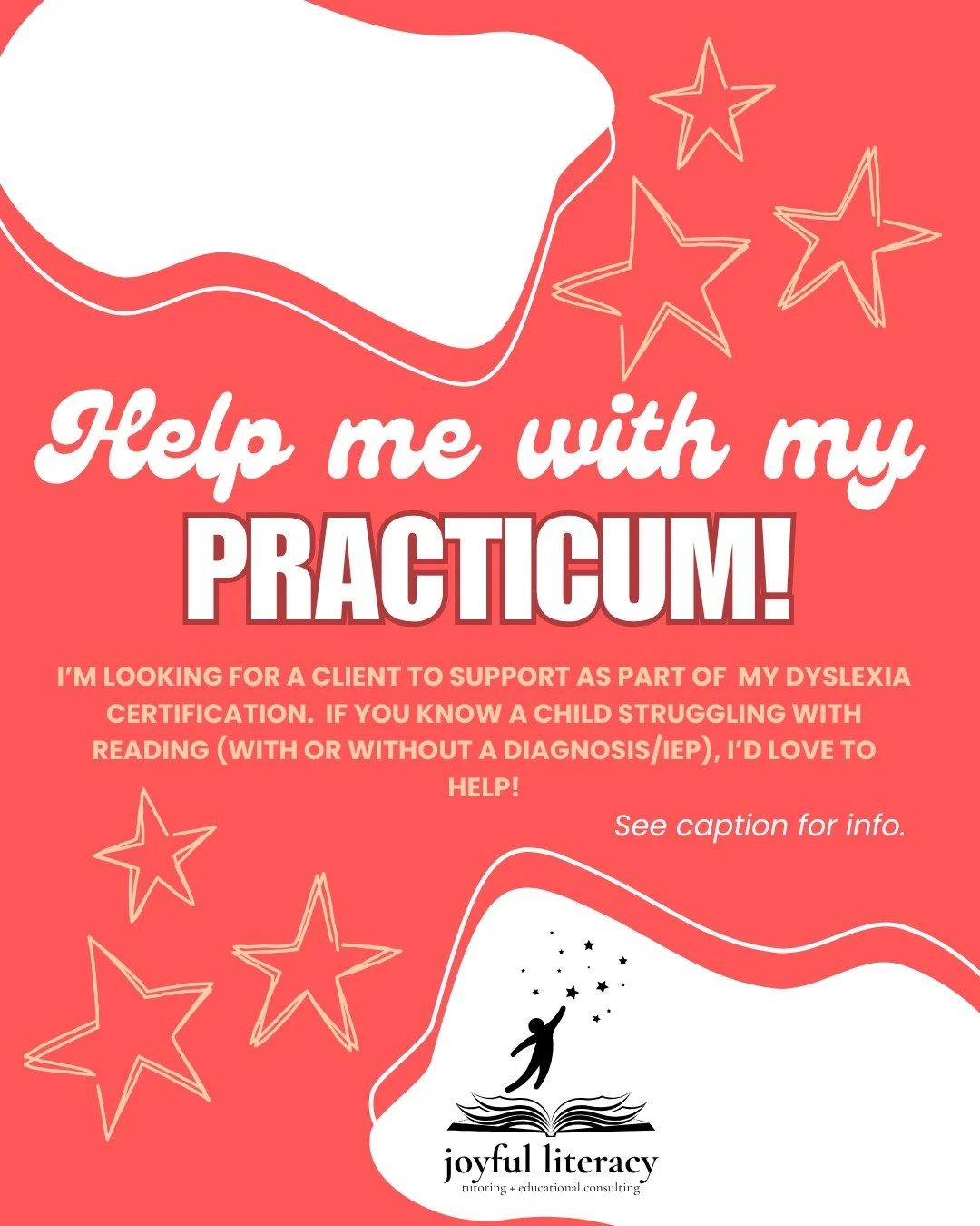 Does your child struggle with reading? Experienced teacher/tutor seeking a student!

I am completing a certification as a dyslexia interventionist and need a student (ages 7-17) to work with me as I complete my practicum, starting this summer!

* Dis