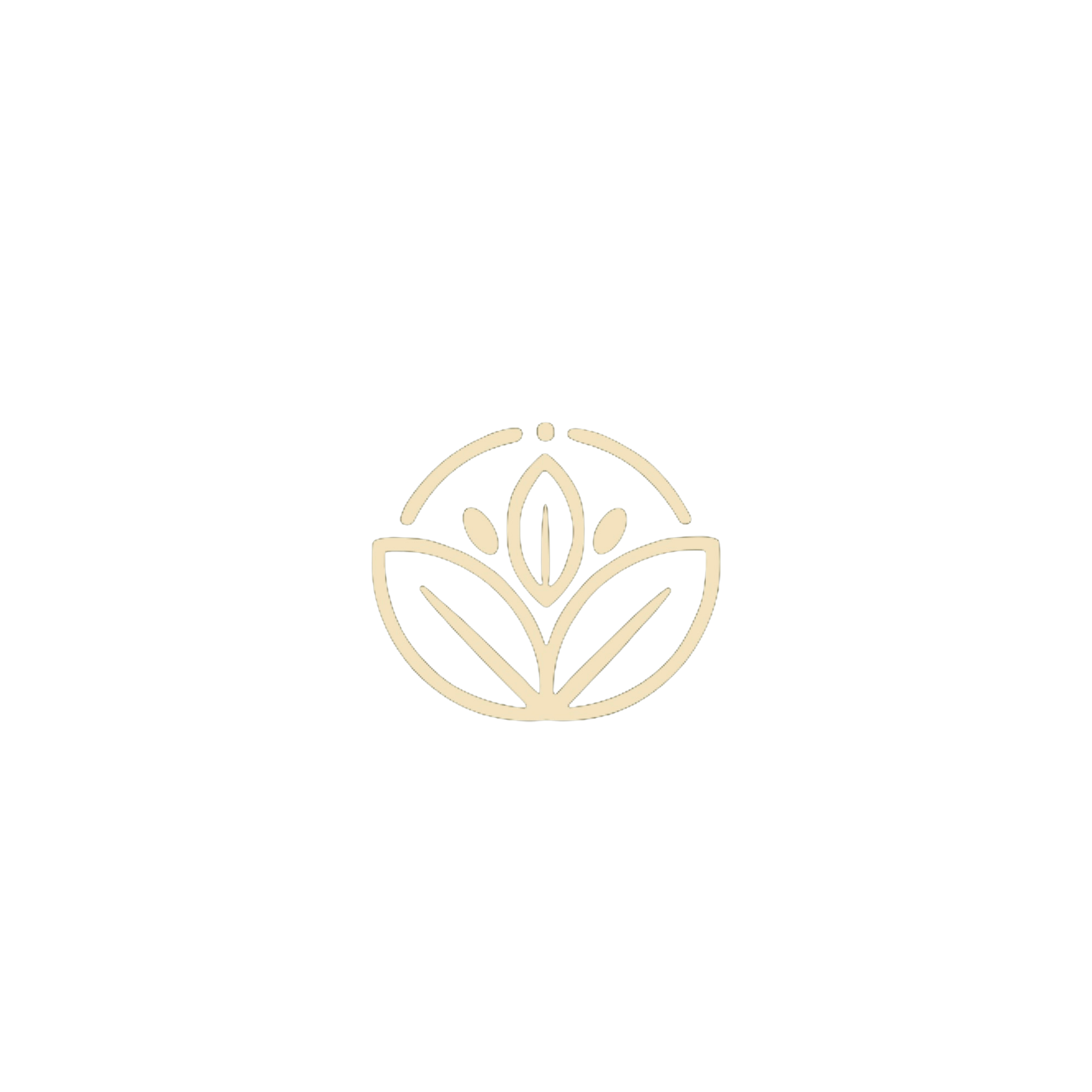Minimalist logo with a stylized flower or plant inside a circle, on a black background.