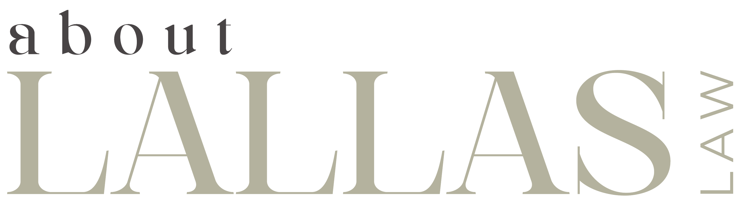 Text reading 'about LALLAS LAW' in large, stylized font.