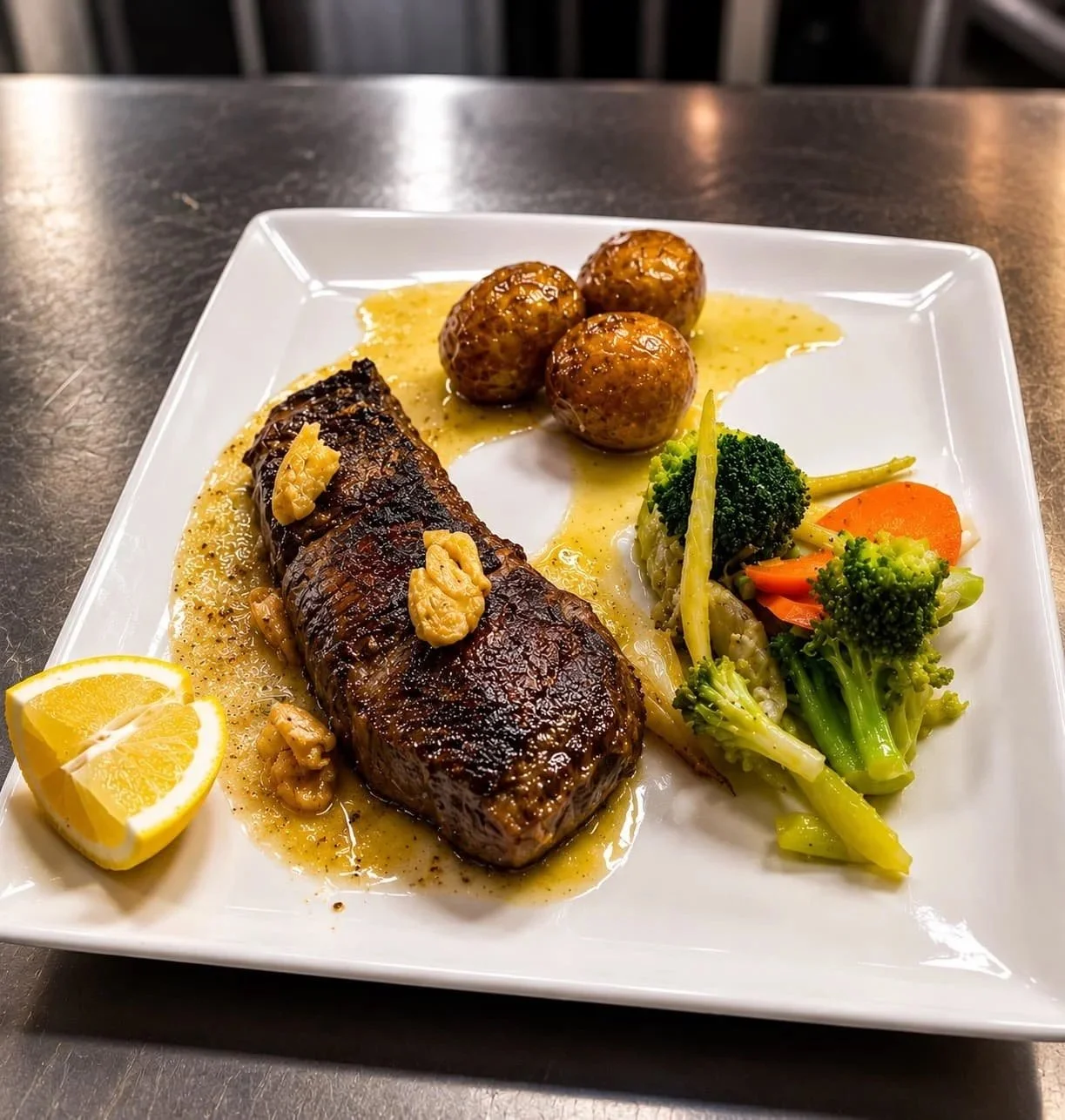 Grilled steak with garlic butter, roasted potato balls, and fresh broccoli at Leelanau Steakhouse Seafood & Pasta in Lake Leelanau