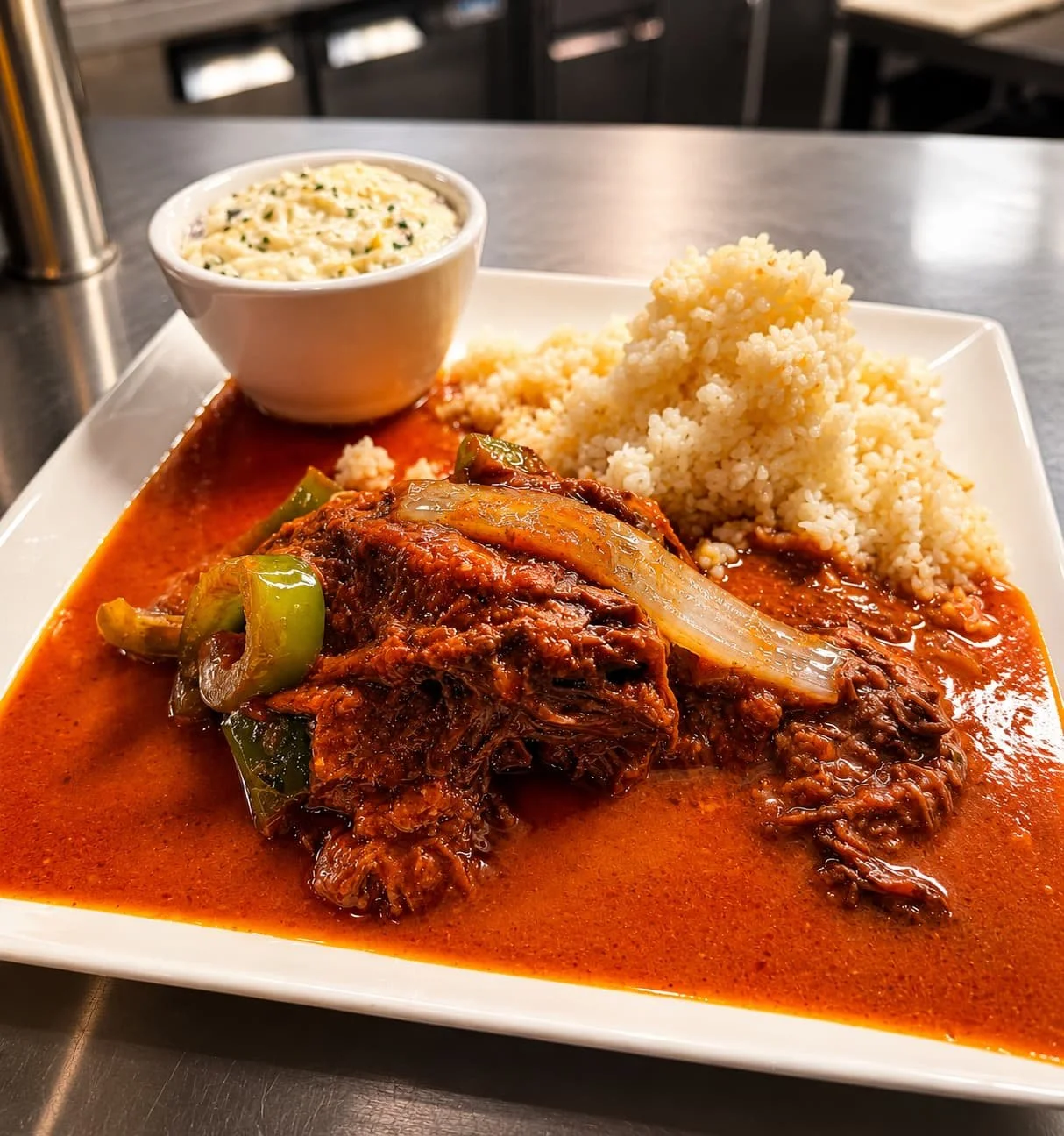 Ropa vieja pulled flank steak in tomato basil red wine reduction with caramelized onions and green peppers served with rice at Leelanau Steakhouse