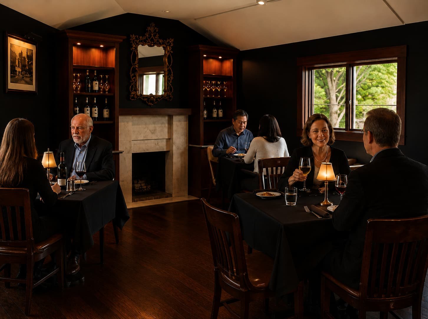 Guests dining and enjoying wine at Leelanau Steakhouse with fireplace, wine cellar display, and elegant interior ambiance