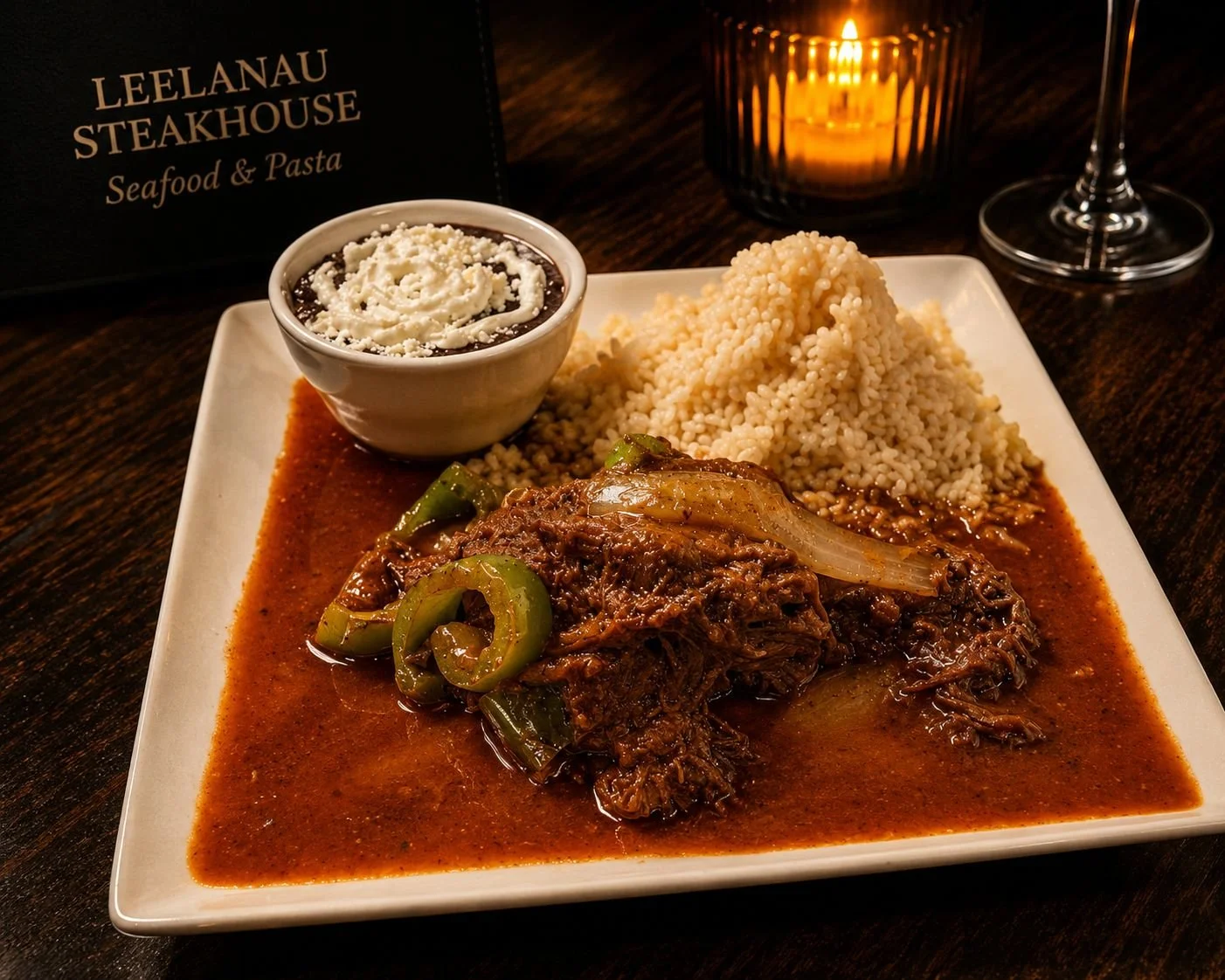 Plate of beef stew with green peppers, onions, served with mashed potatoes and a side of gravy, with a bowl of dessert and candlelight in the background at Leelanau Steakhouse.