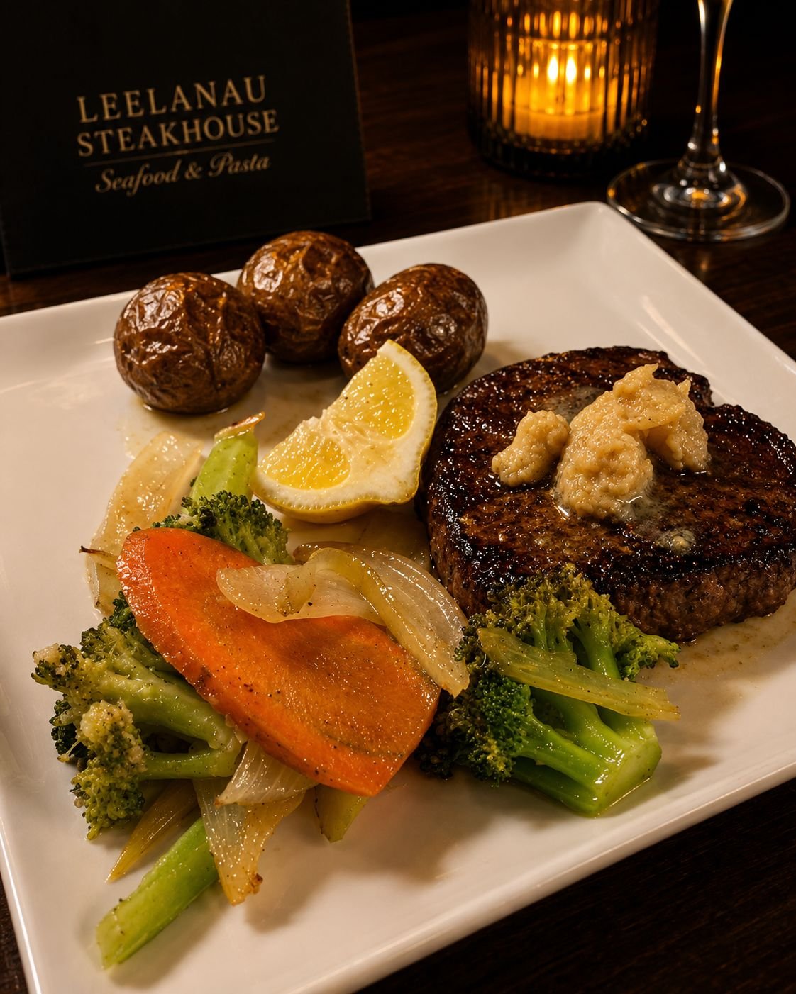 A plated meal featuring a grilled steak topped with a dollop of garlic butter, roasted potatoes, a lemon wedge, and a medley of cooked vegetables including carrots, broccoli, and onions, on a white square plate in a restaurant setting.