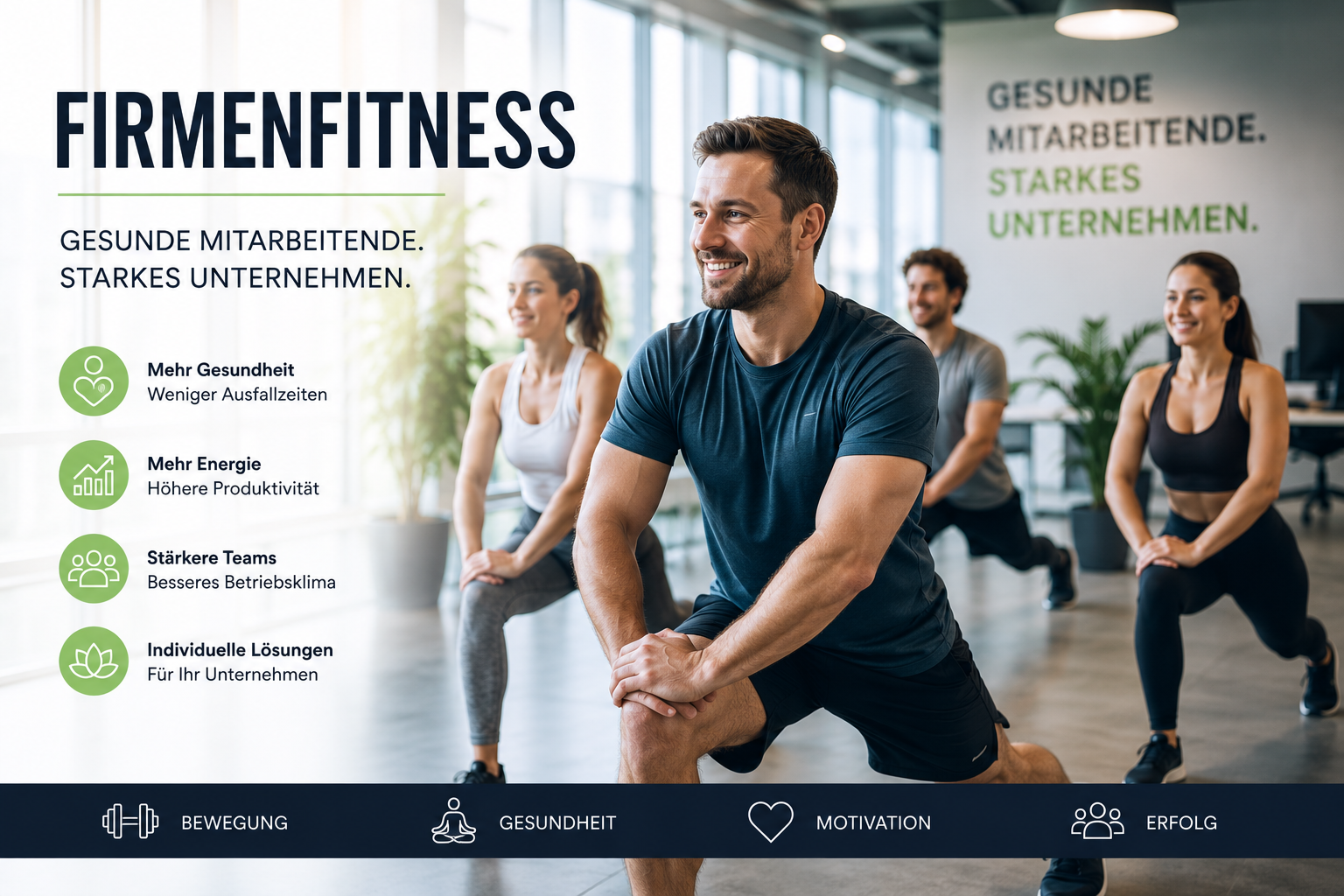 A group fitness class with a male instructor leading a stretching exercise, surrounded by four women, in a bright gym. Text on the image promotes fitness benefits such as health, energy, team strength, and individual solutions, with icons for movement, health, motivation, and success.