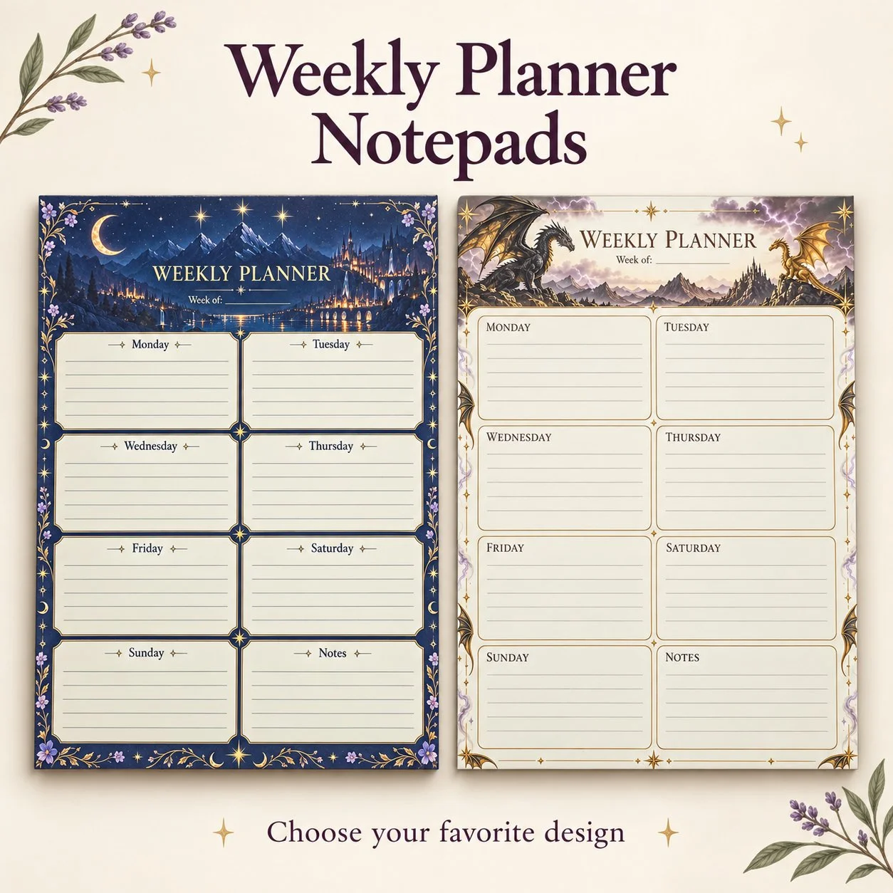 Moonlit city and dragon weekly planner notepads displayed side by side on an ivory background with small botanical accents.
