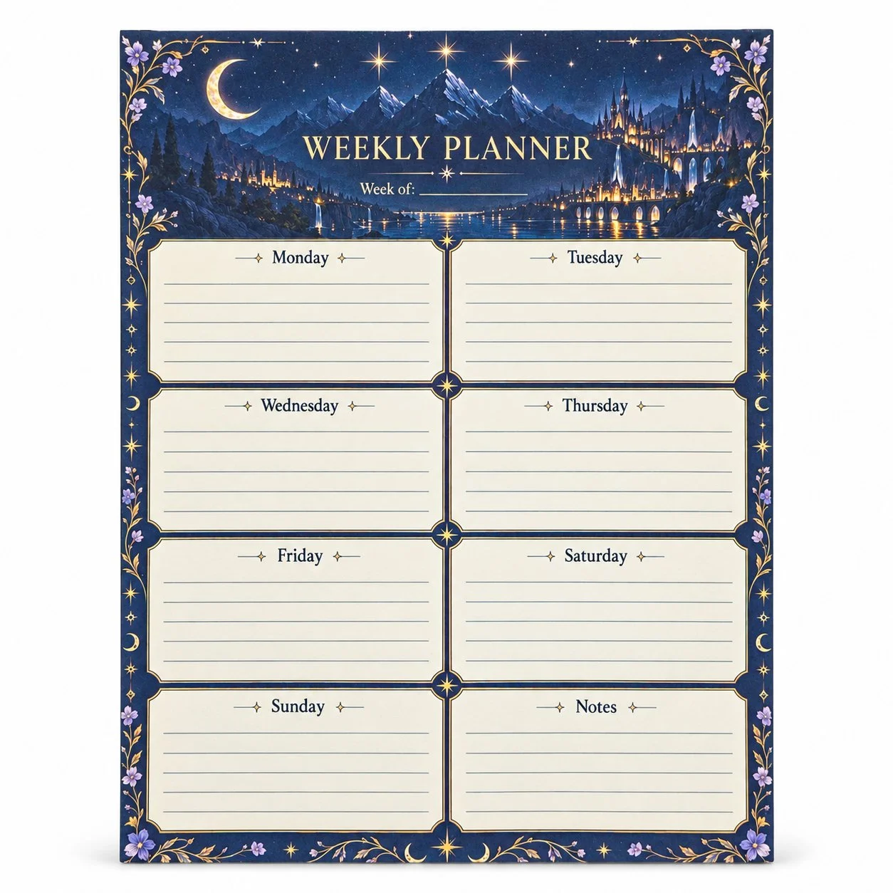 Weekly planner notepad featuring a moonlit city, mountains, and stars, with lined sections for Monday through Sunday and notes.