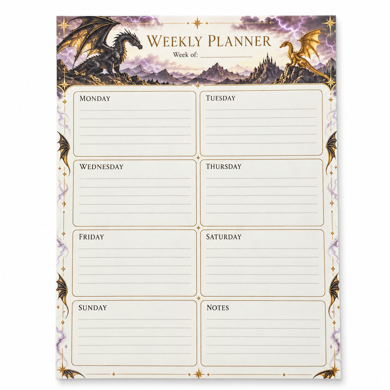 Weekly planner notepad featuring black and gold dragons, mountains, and a distant castle, with lined sections for Monday through Sunday and notes.