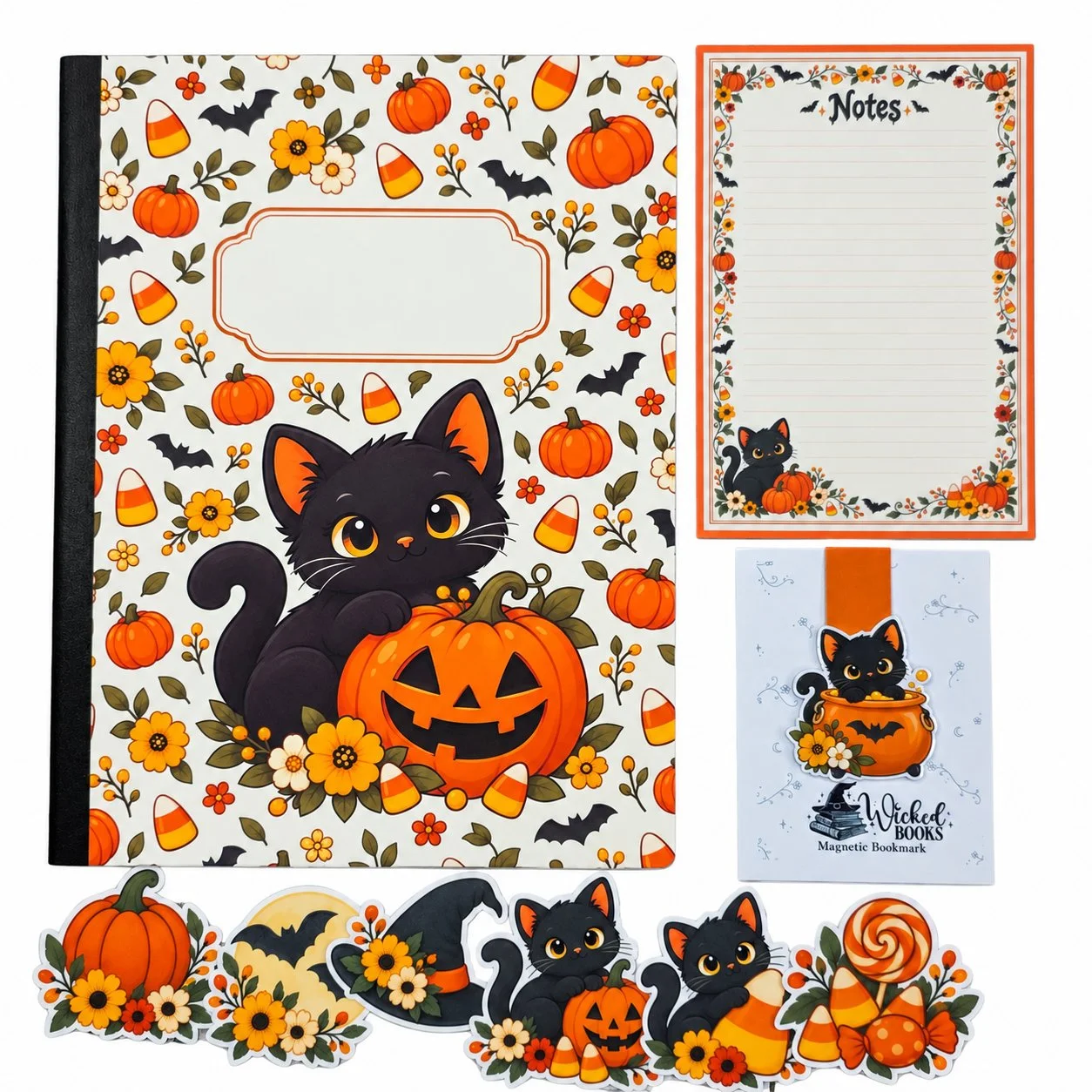 Halloween note set featuring black cats, orange pumpkins, and candy corn, with a composition notebook, notepad, magnetic bookmark, and six stickers on a white background.