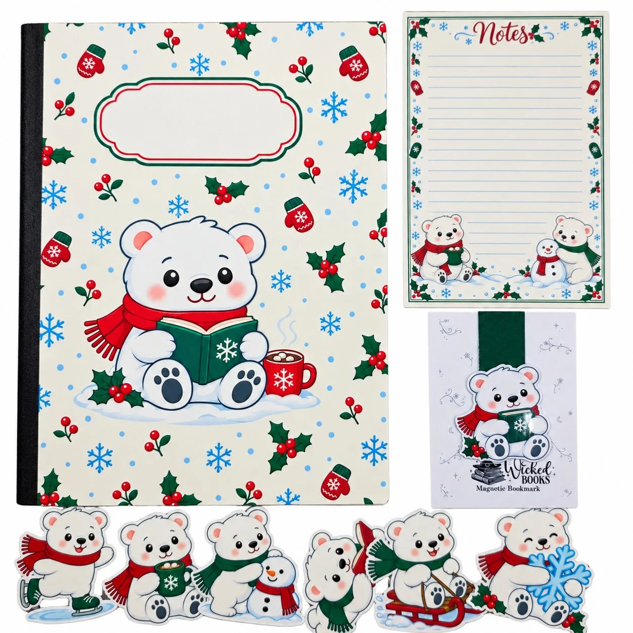 Christmas polar bear note set in red, green, and blue, with a composition notebook, matching notepad, magnetic bookmark, and six stickers on a white background.