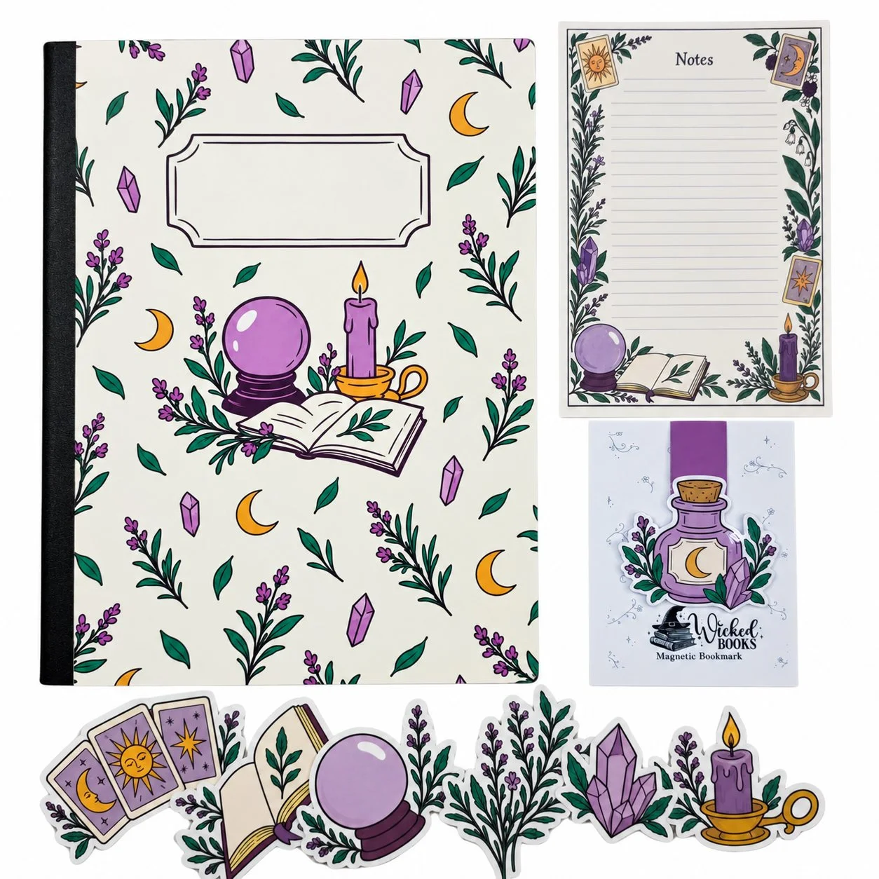 Witchy note set featuring purple crystals, herbs, and divination illustrations, with a composition notebook, notepad, magnetic bookmark, and six stickers on a white background.