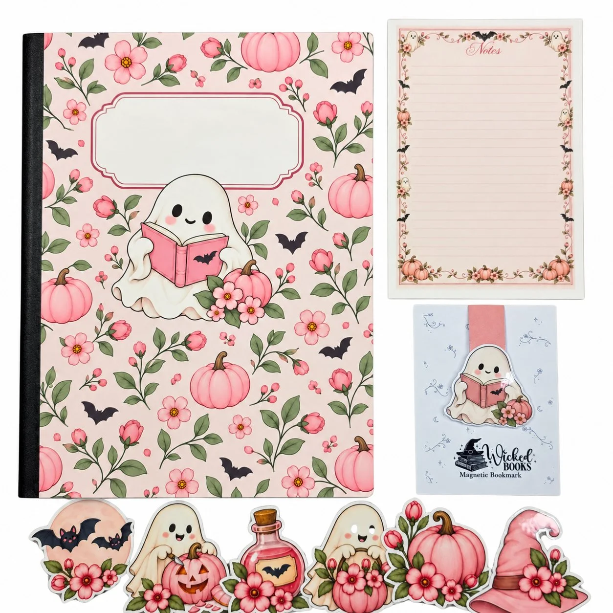 Pink Halloween note set featuring reading ghosts, pumpkins, flowers, and bats, with a composition notebook, notepad, magnetic bookmark, and six stickers on a white background.