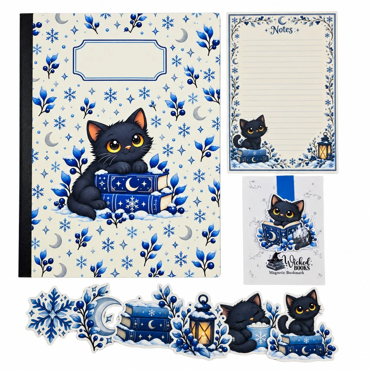 Blue winter note set featuring black cats, books, and snowflakes, with a composition notebook, notepad, magnetic bookmark, and six stickers on a white background.