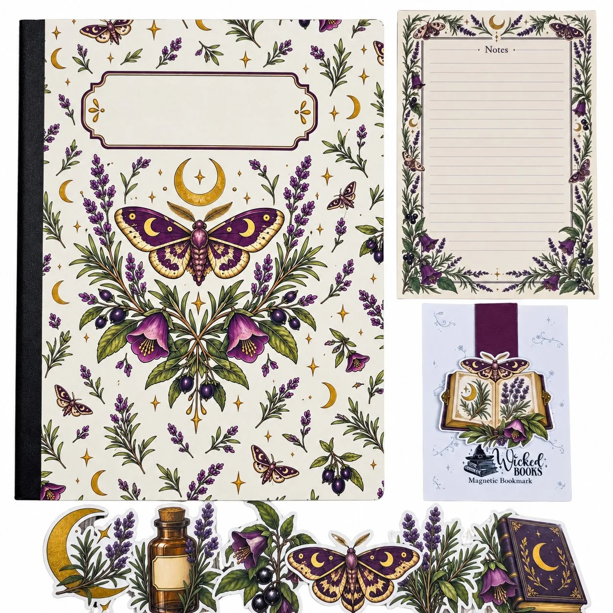 Purple moth and botanical note set with a composition notebook, matching notepad, magnetic bookmark, and six coordinating stickers on a white background.
