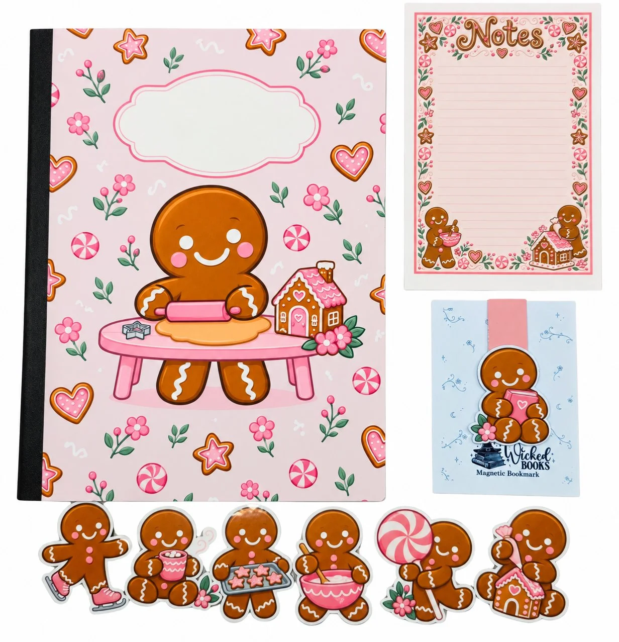 Pink gingerbread note set with a composition notebook, matching notepad, magnetic bookmark, and six gingerbread stickers on a white background.