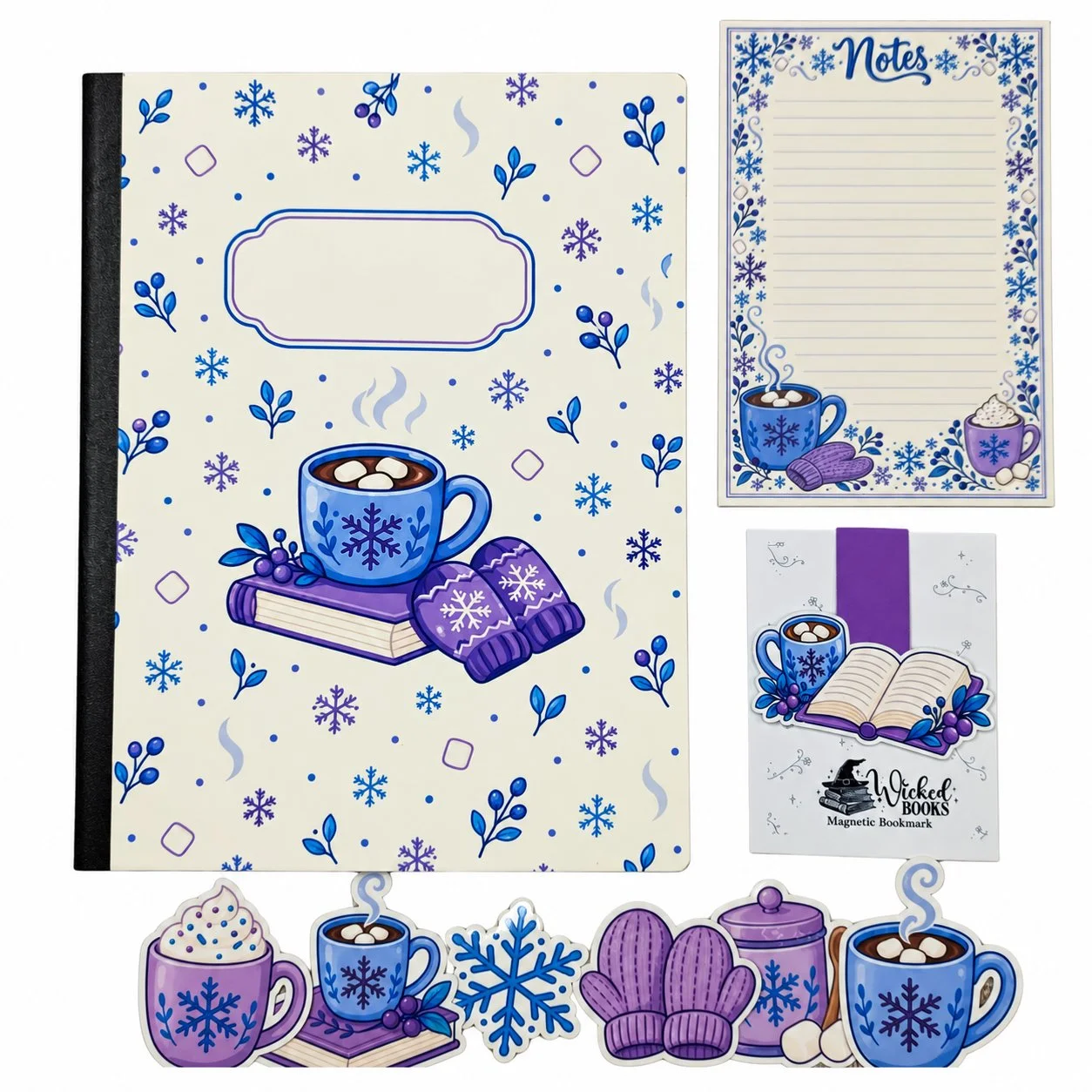 Blue and purple cocoa-themed note set with a composition notebook, matching notepad, magnetic bookmark, and six winter stickers on a white background.