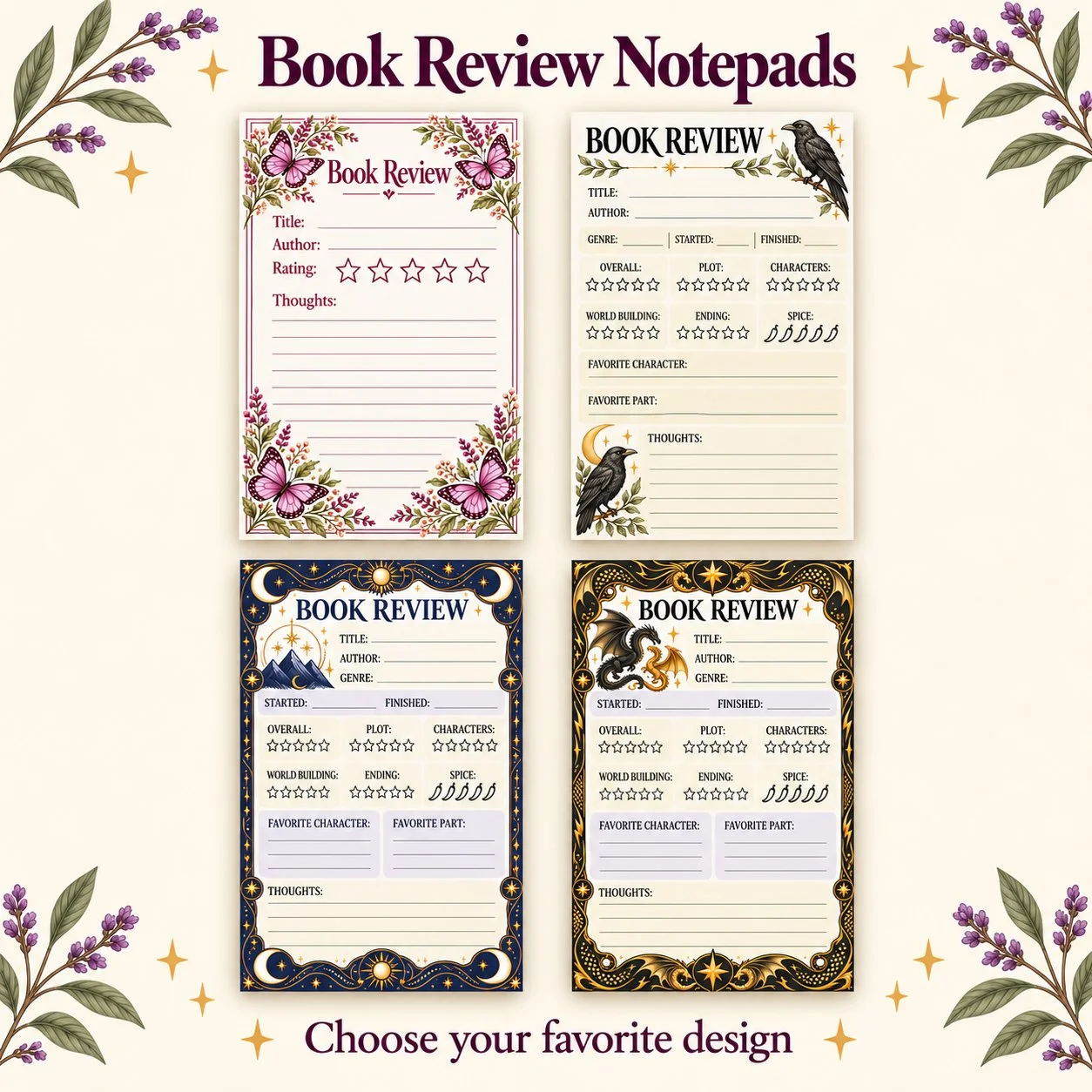 Four decorative book review notepads featuring butterfly, raven, celestial, and dragon designs, displayed on a cream botanical background.