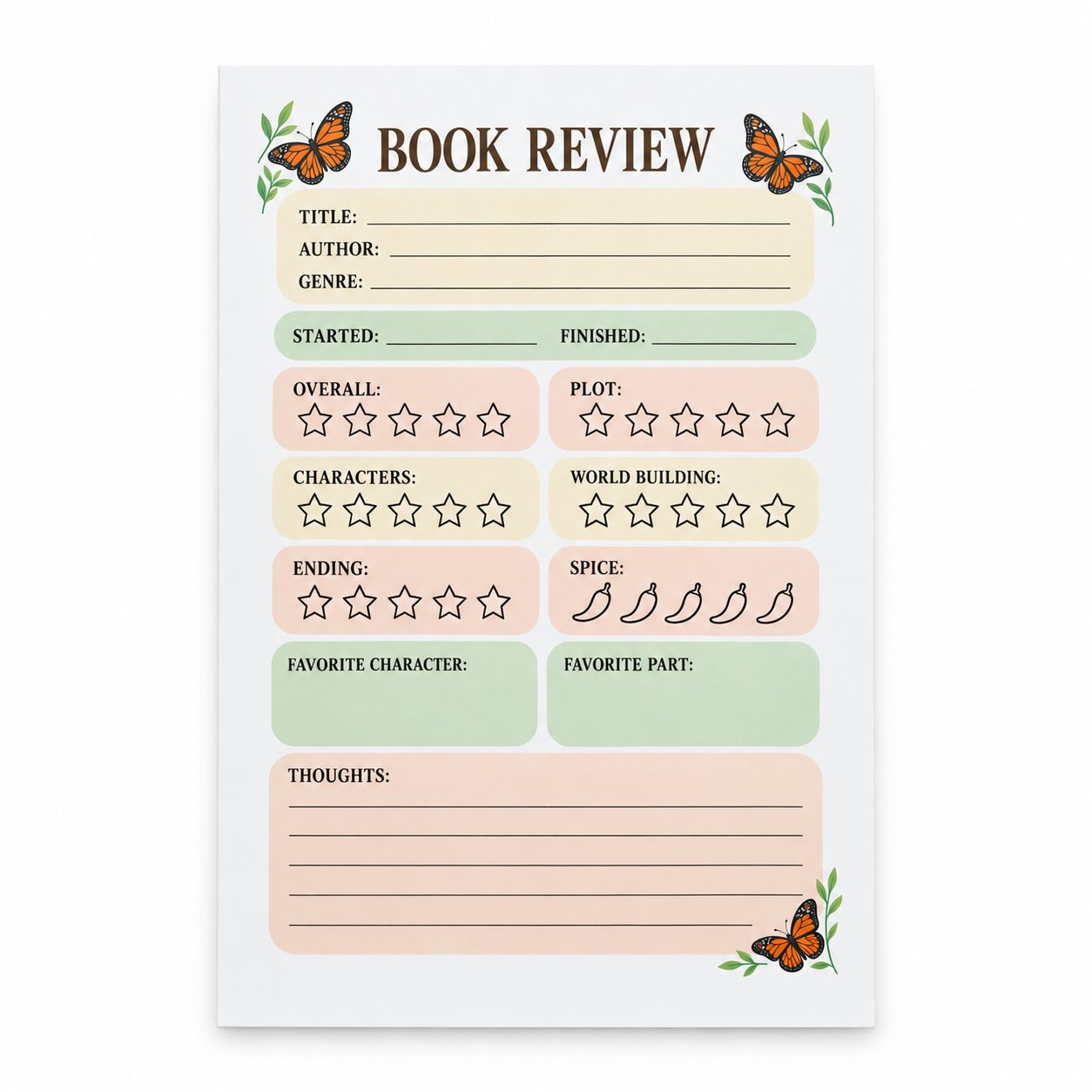 Monarch Memories book review notepad featuring orange butterflies, green leafy sprigs, and pastel peach, yellow, and sage review sections.