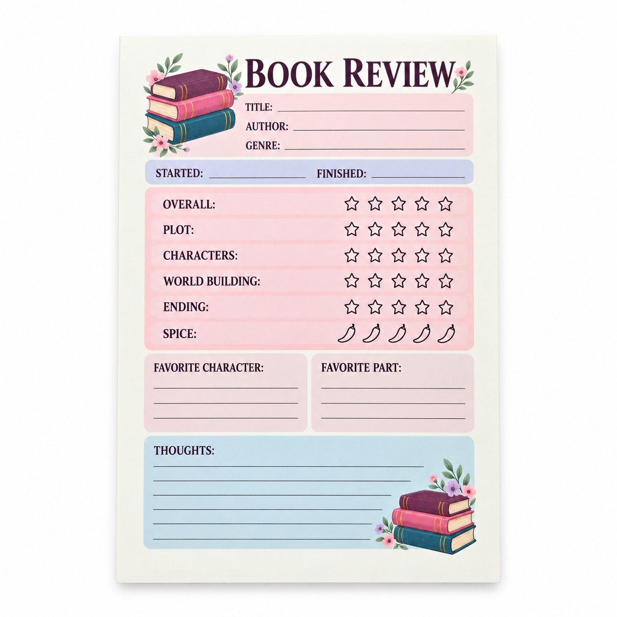 Petal and Page book review notepad with purple, pink, and teal book stacks, floral accents, and pastel pink and blue review panels.