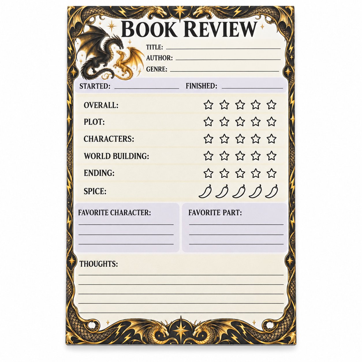 Dragonbound book review notepad with black and gold dragons, an ornate lightning border, and sections for detailed reading ratings.