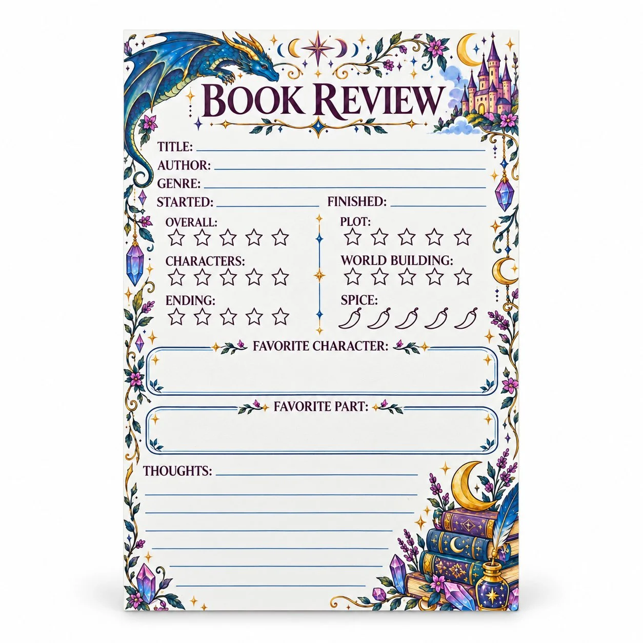 Enchanted Chapters book review notepad with a blue dragon, fairy-tale castle, crystals, and a stack of magical books.