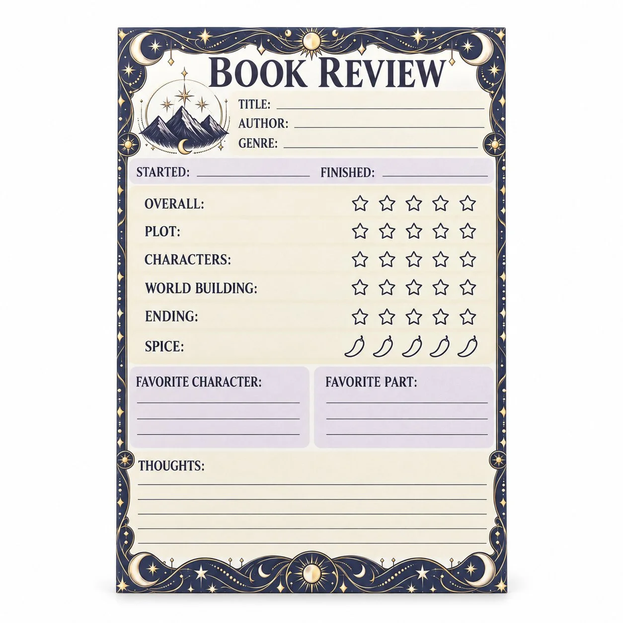 Starlit Peaks book review notepad featuring a mountain illustration, navy and gold celestial border, crescent moons, and lavender panels.