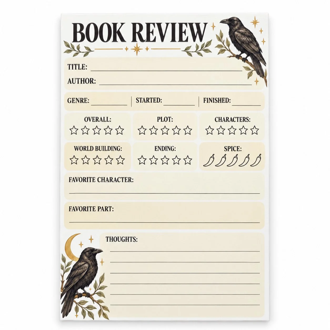 Raven’s Review book review notepad with two ravens, leafy branches, a gold crescent moon, and soft cream review panels.
