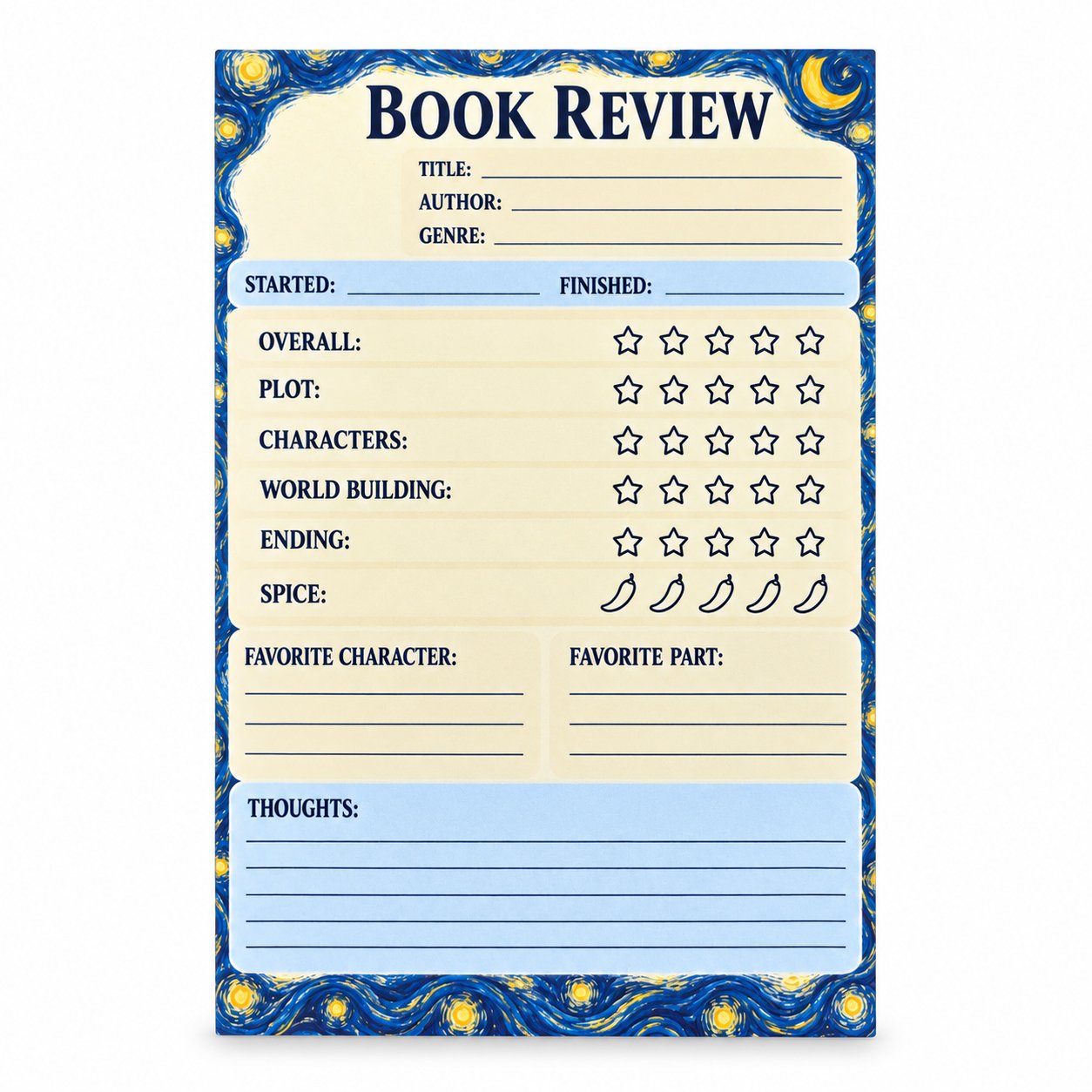 Starry Chapters book review notepad with a swirling blue and gold night sky border, yellow stars, and pale blue review sections.
