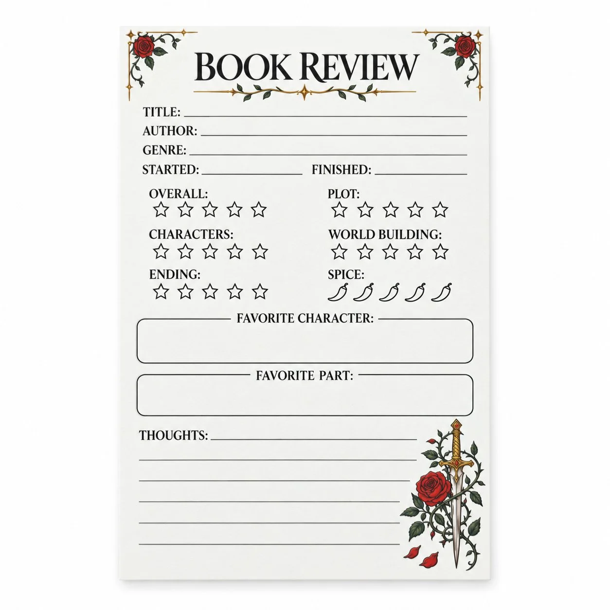 Thorns and Tales book review notepad featuring red roses, a sword wrapped in thorny vines, and spaces for book ratings and thoughts.
