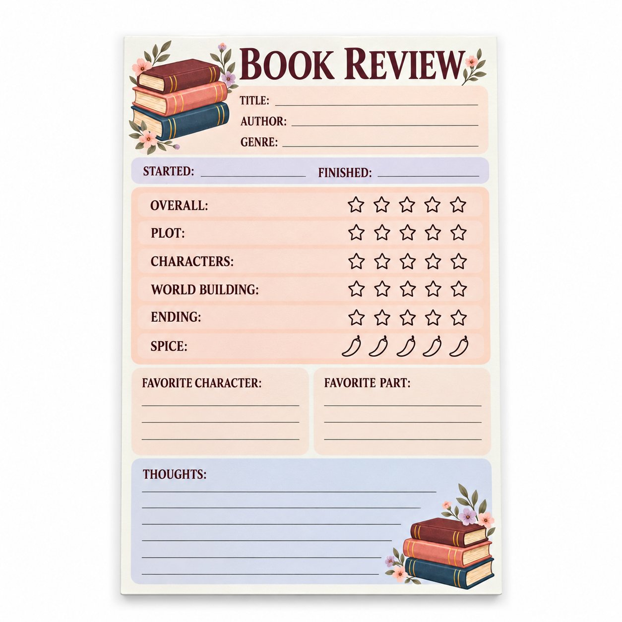 Vintage Bookshelf book review notepad with illustrated book stacks, flowers, pastel peach panels, and detailed reading ratings.
