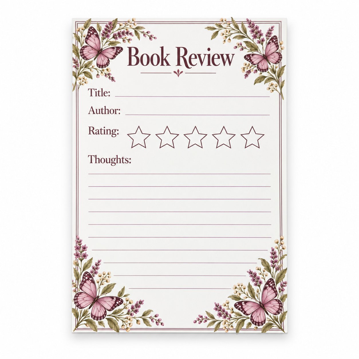 Lavender Wings 4 x 6 book review notepad with purple butterflies, floral corners, and space for a rating and reading thoughts.